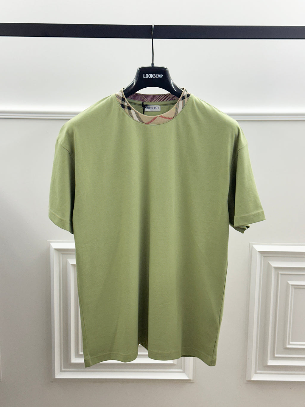 T-shirt Burberry Check Collar Sage Green