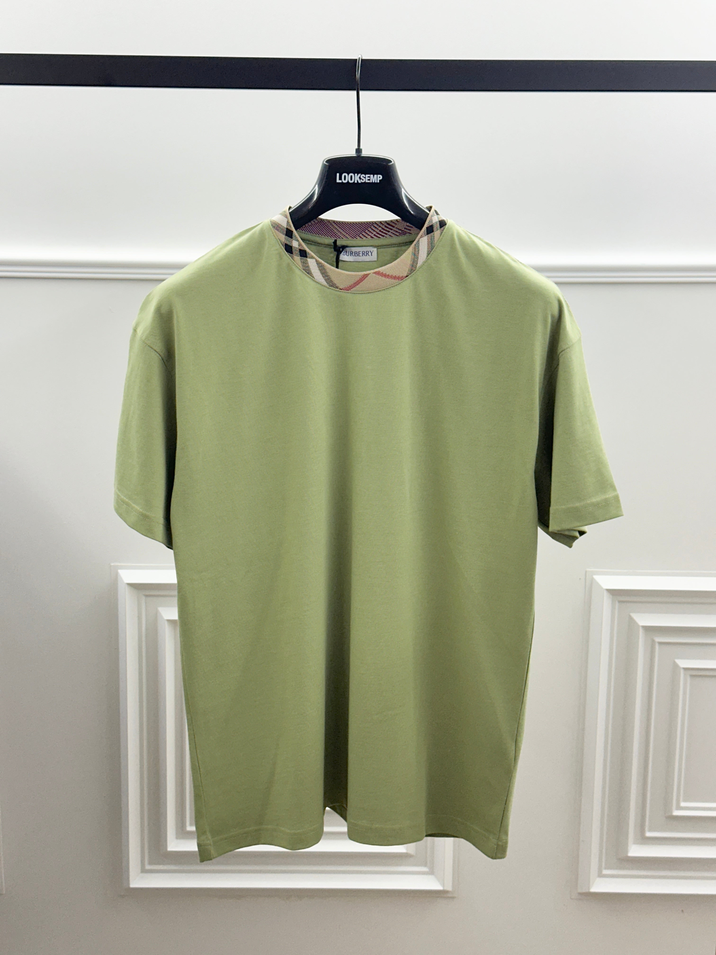 T-shirt Burberry Check Collar Sage Green